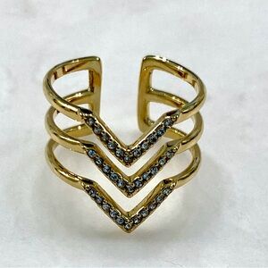 Stella & Dot Gold Triple Chevron Adjustable Ring with Clear Stones